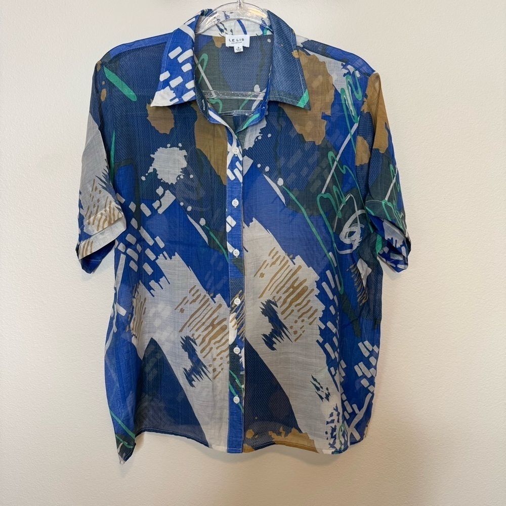 Le Lis Retro Blue and Green Abstract Casual Shirt size Small - Picture 10 of 10